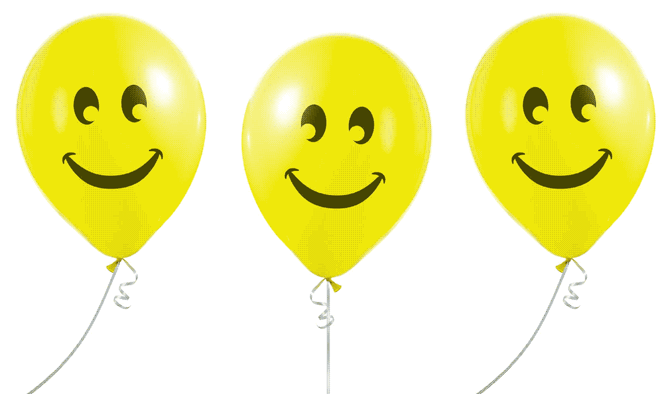 Animation of three yellow smiley face balloons floating