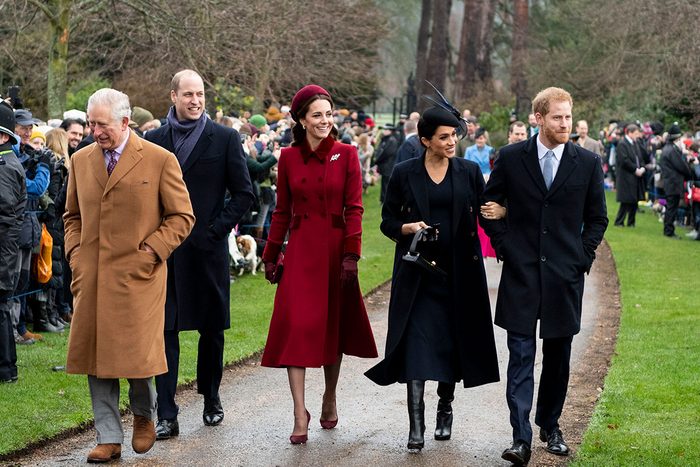 Prince Charles, Prince of Wales with Prince William, Duke of Cambridge, and Catherine, Duchess of Cambridge, Prince Harry, Duke of Sussex and Meghan, Duchess of Sussex attend Christmas Day Church service at Church of St Mary Magdalene on the Sandringham estate on December 25, 2018 in King's Lynn, England
