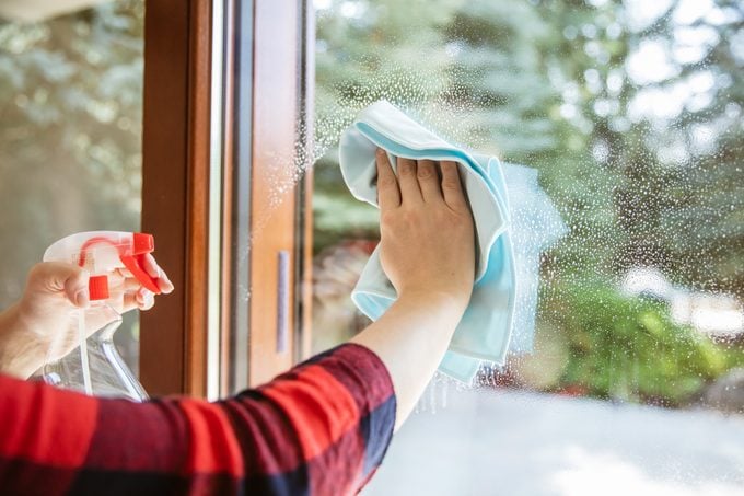 Woman is wiping the cleaning liquid from the window with garden in the background.