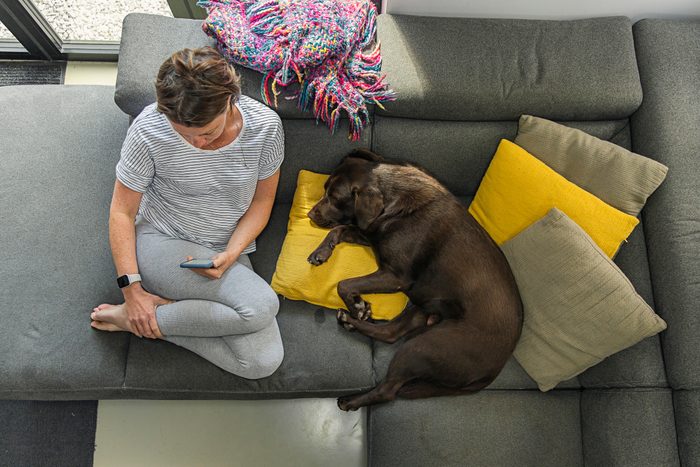 Overhead view of a woman on her phone. Her pet dog sleeps beside her