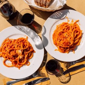 Pasta Amatriciana served in Italian restaurant in Rome, Italy