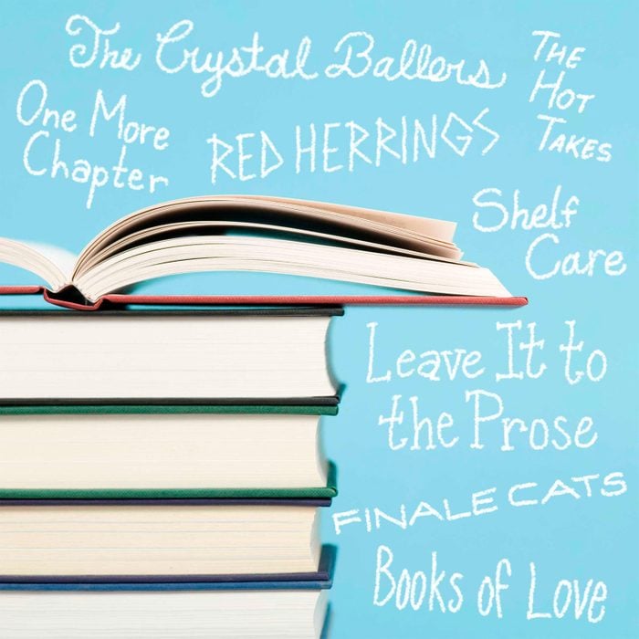 Handwritten names for book clubs on a blue background with a stack of books