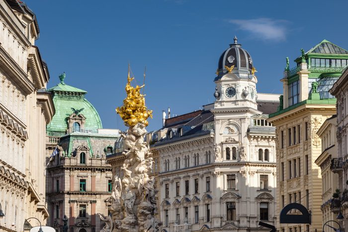 The Pestsäule (Plague Column) and the prestigious buildings of Graben street - Vienna, Austria