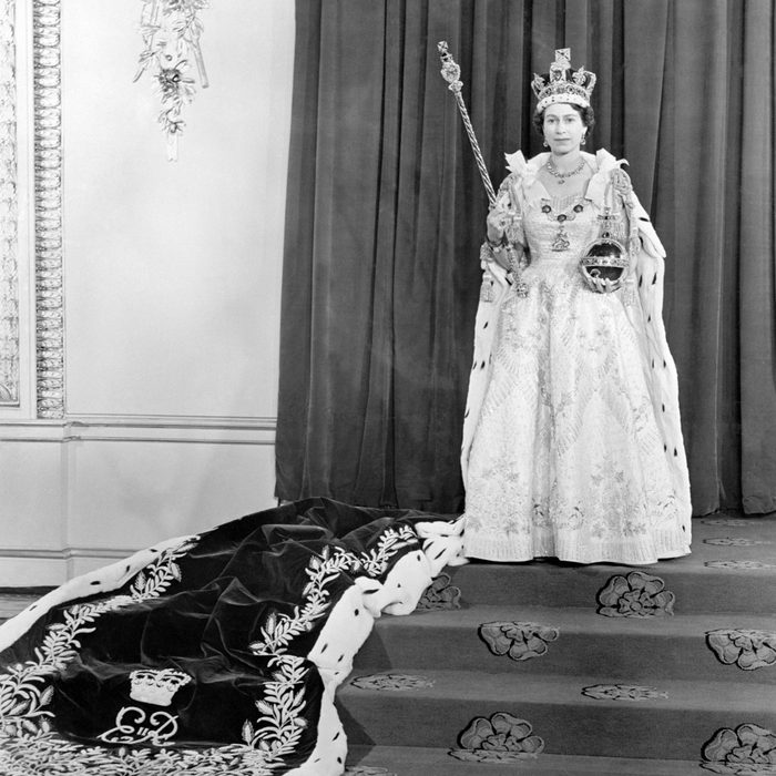 Queen Elizabeth II wearing the in the Throne room at Buckingham Palace, after her Coronation in Westminster Abbey.