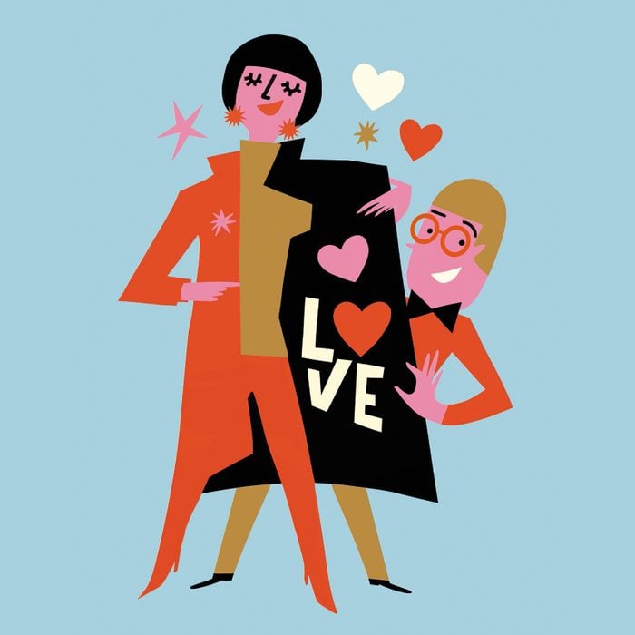 Illustration of a man and woman pointing to the word "love" on a jacket