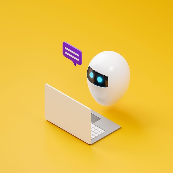3d illustration of an AI chatbot at a laptop on a yellow background