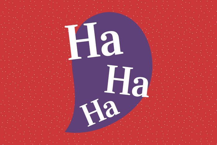 white text, "ha ha ha" over a purple stylized speech bubble on red pattern background