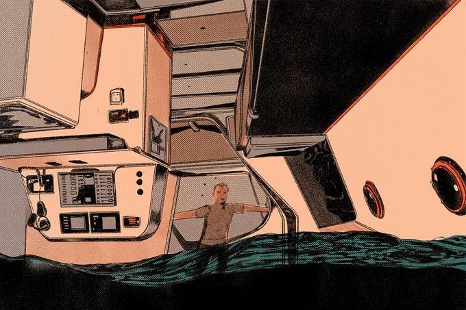 Illustration of Camprubi standing inside a capsized boat filled with water
