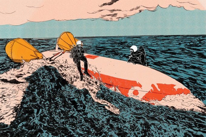 Illustration of two divers at the capsized boat attempting rescue