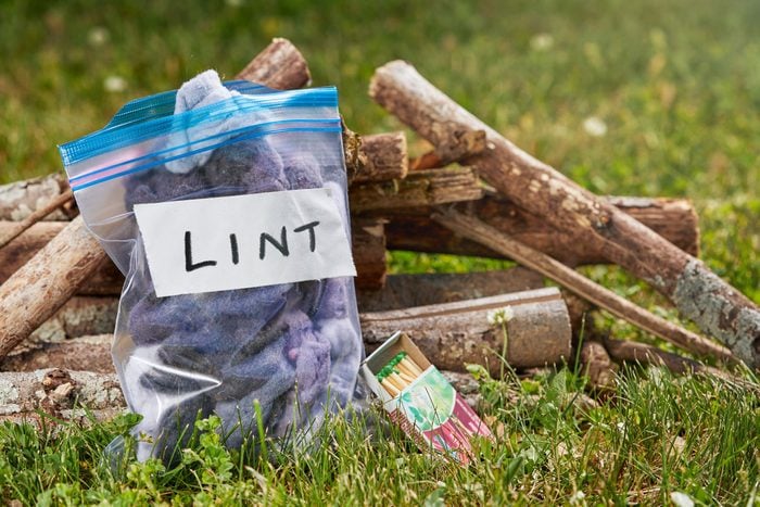 lint in a labeled ziploc bag in front of a pile of firewood; matches nearby