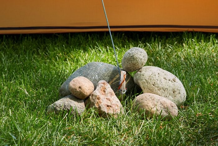 a pile of rocks surrounds a tent peg in the grass
