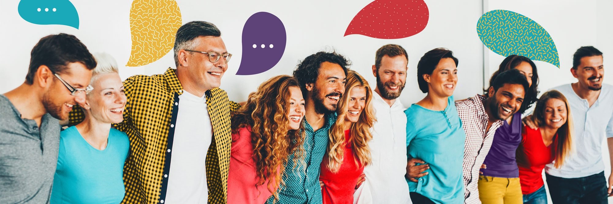 line of diverse happy people forming a community with stylized speech bubbles above some heads