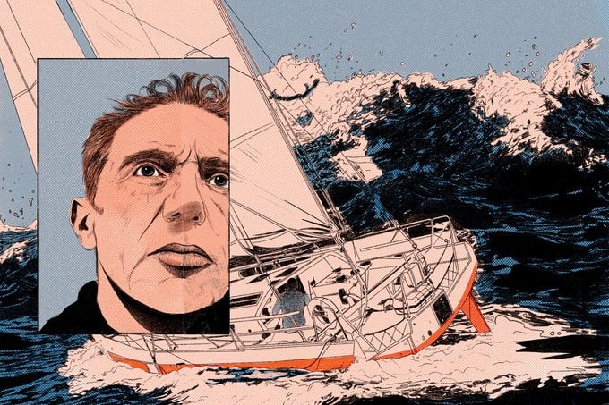 Illustration of Camprubi overlaid over an illustration of a wave crashing into the boat