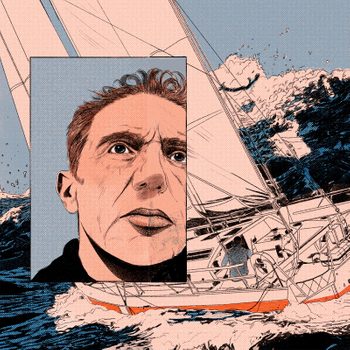 Illustration of Camprubi overlaid over an illustration of a wave crashing into the boat