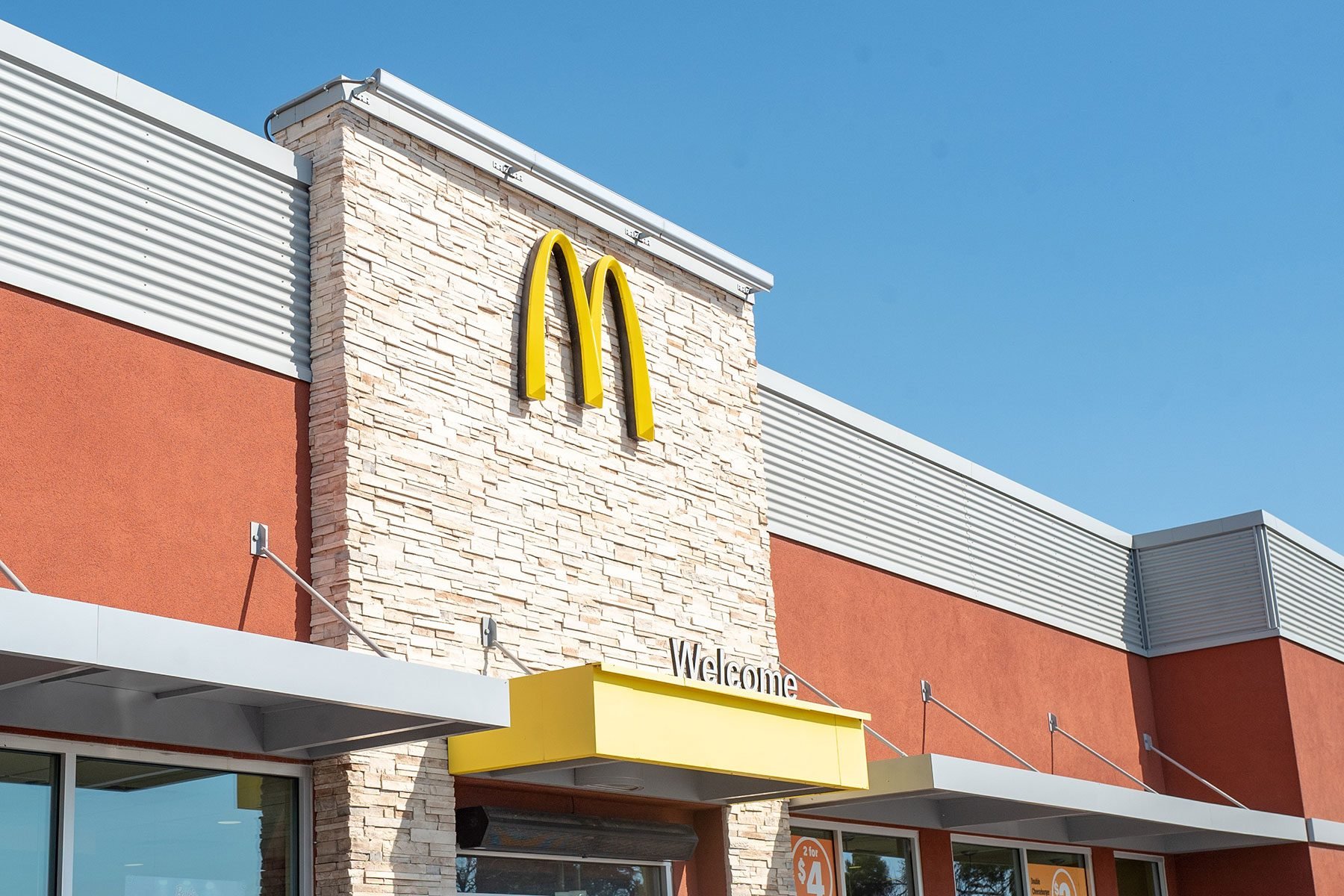 Facade of newly renovated McDonald's fast food restaurant, along the Interstate 5 freeway in Coalinga, California