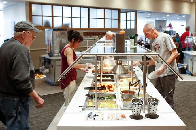 People serve themselves at the buffet-style restaurant Golden Corral in Manchester, NH