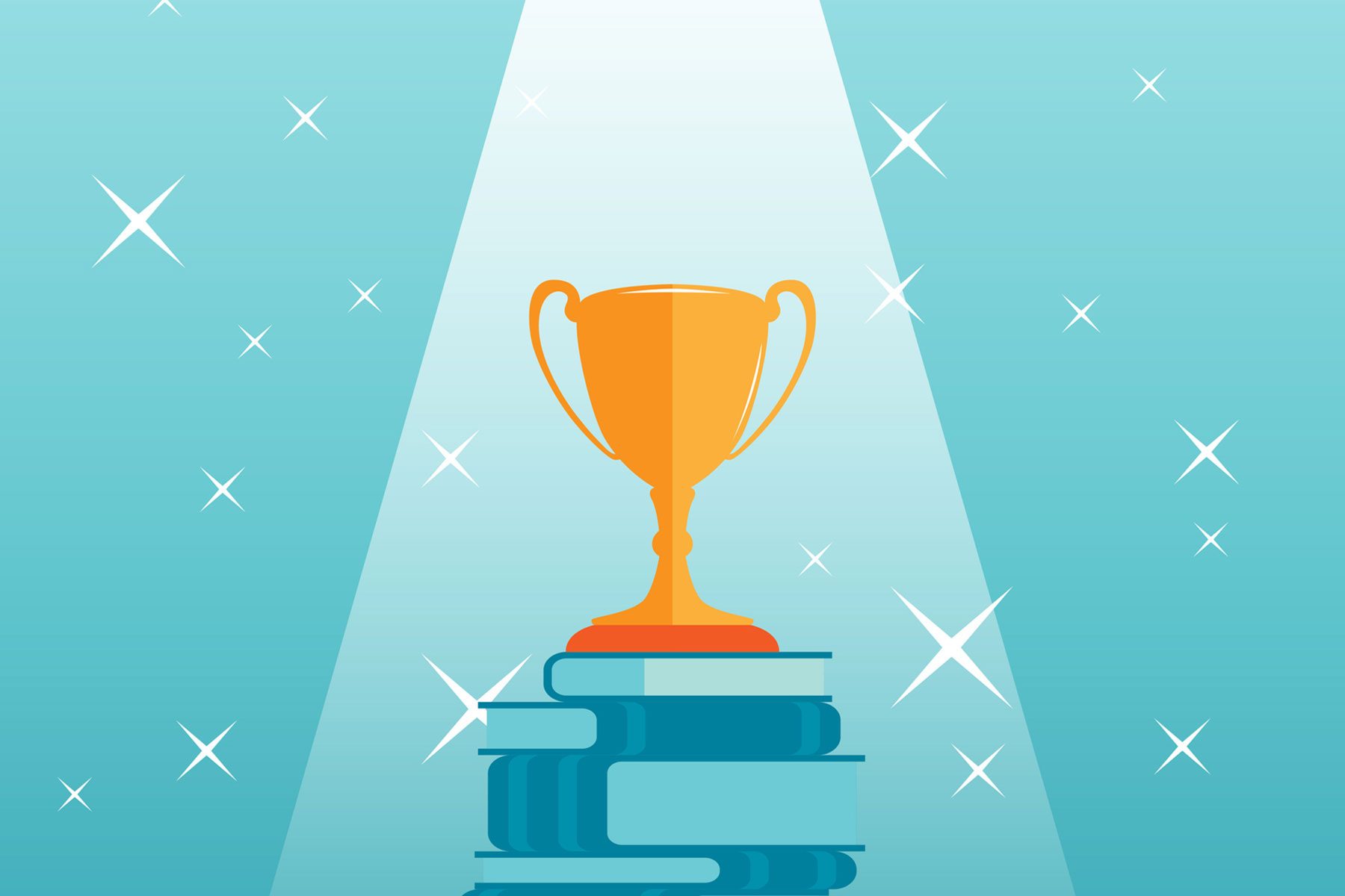 illustration of a golden trophy on top of a stack of books