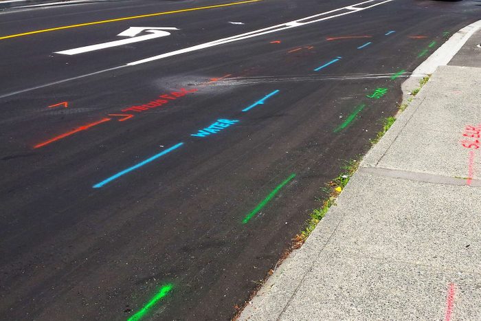 Different colored paint spray painted on the road