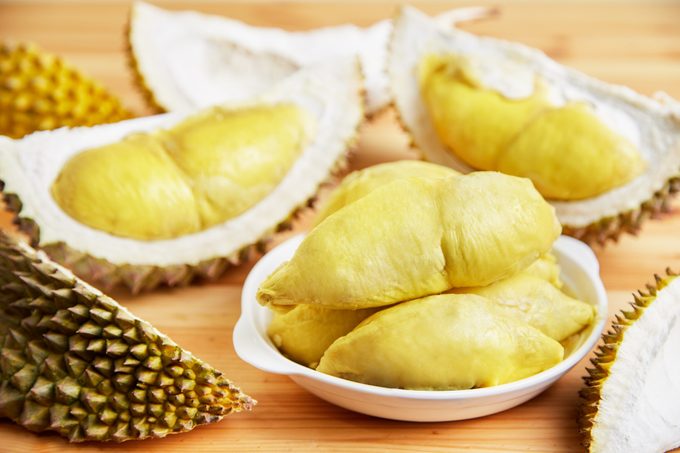 Durian the King of fruit, gold fruit, yellow tropical fruits. Popular tropical fruit in asia, especially in Thailand, Malaysia, Singapore and Indonesia
