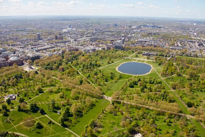 Aerial view west of Hyde Park and kensington palace also Royal Albert hall albert memorial London W2 UK;