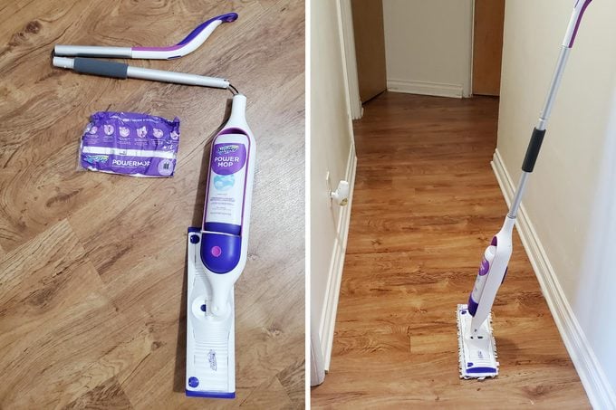 setting up the swiffer power mop before and after