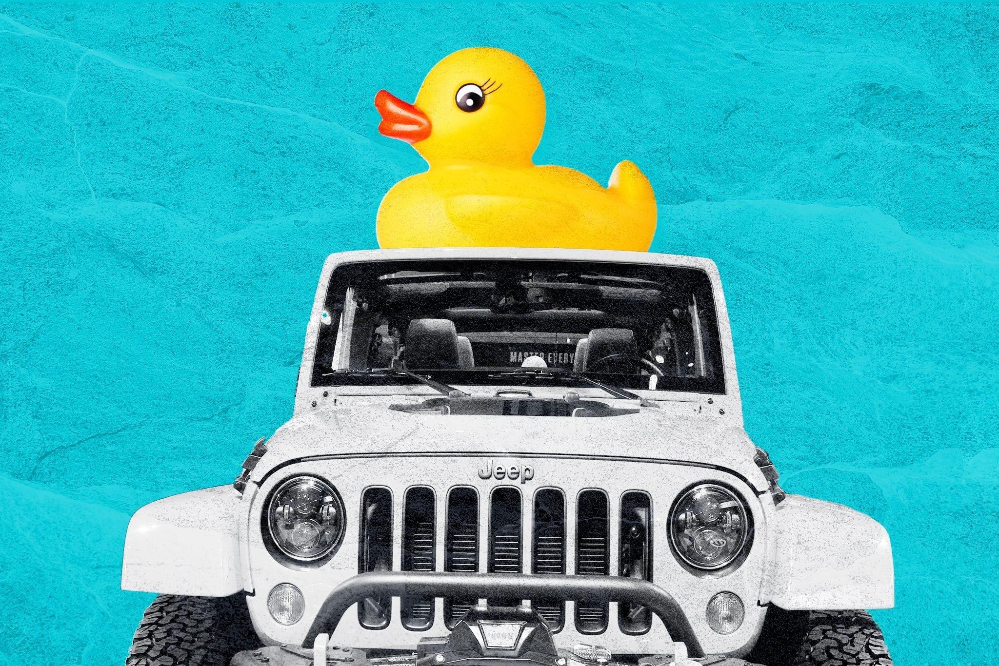 a large yellow rubber ducky sitting on the roof of a jeep with a teal background textured with rocks