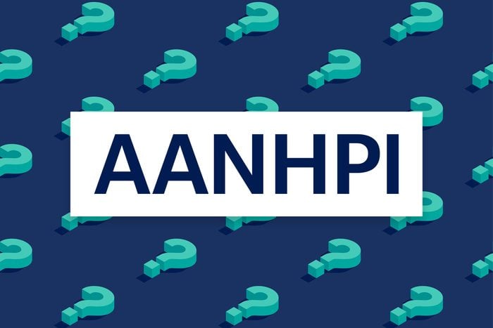 white bar with blue text that reads "Aanhpi" over a background with a question mark pattern