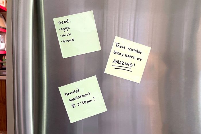 Reusable Sticky Notes on a stainless steel fridge