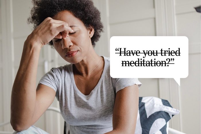 Speech bubble text: "Have you tried meditation?"