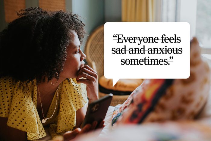 Speech bubble text: "Evceryone feels sad and anxious sometimes."
