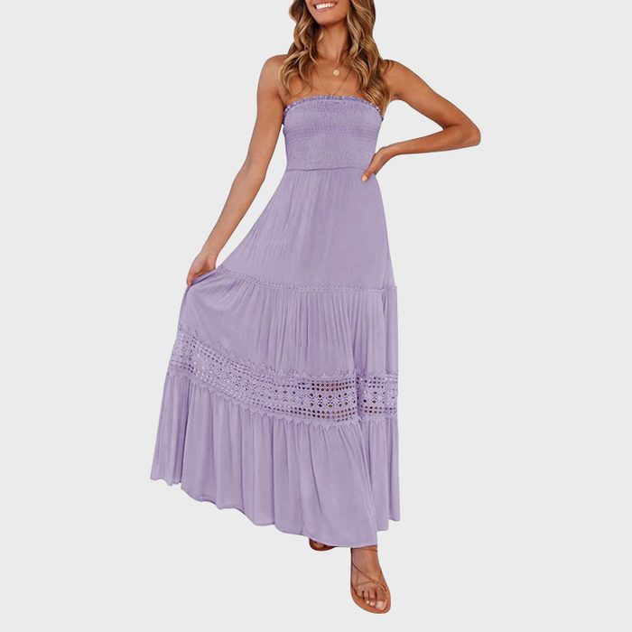 Zesica Womens Summer Bohemian Strapless Off Shoulder Lace Trim Backless Flowy A Line Beach Long Maxi Dress