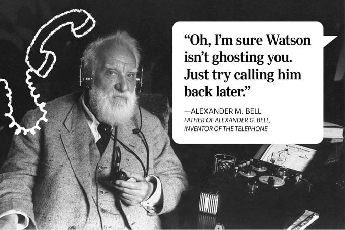 Speech bubble with an advice quote over a photo of Alexander Graham Bell