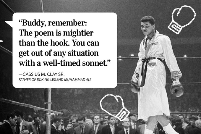 Speech bubble with an advice quote over a photo of Muhammad Ali