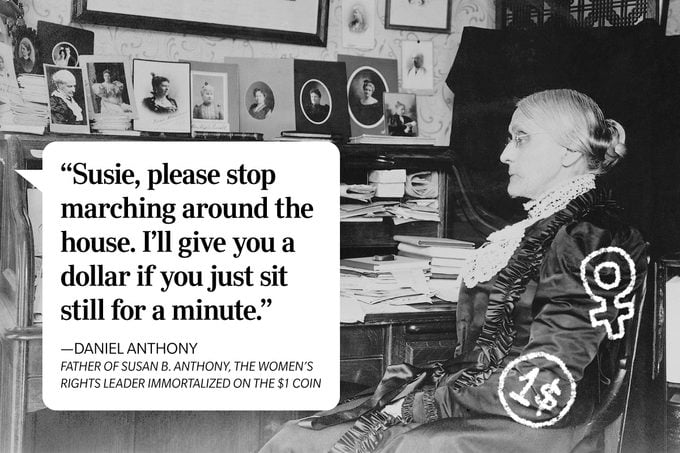 Speech bubble with an advice quote over a photo of Susan B. Anthony