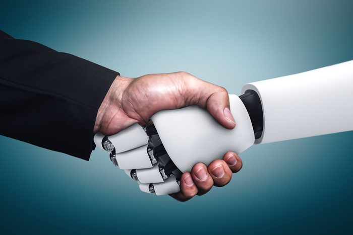 3d Rendering Humanoid Robot Handshake To Collaborate Future Technology