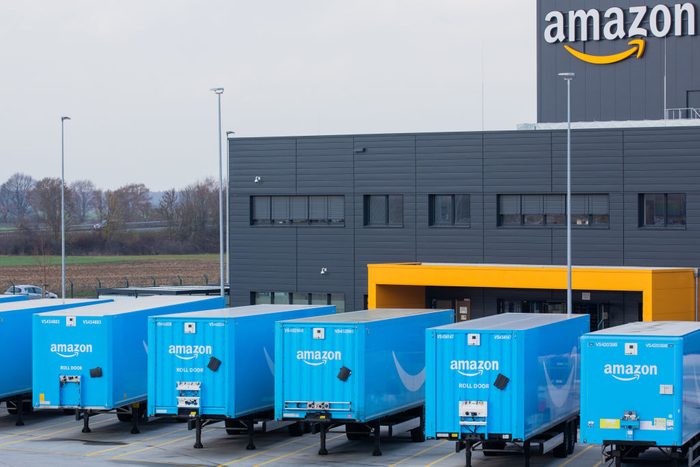trucks lined up outside an Amazon Logistics Center