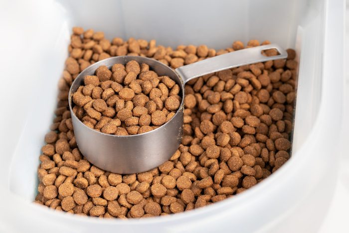 Kibbles with measuring cup inside larger food storage bucket.