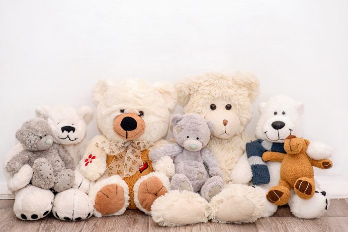 Many soft different bears are sitting on the background of a white wall