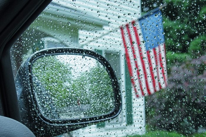 Raindrops Rear View Mirror and American Flag