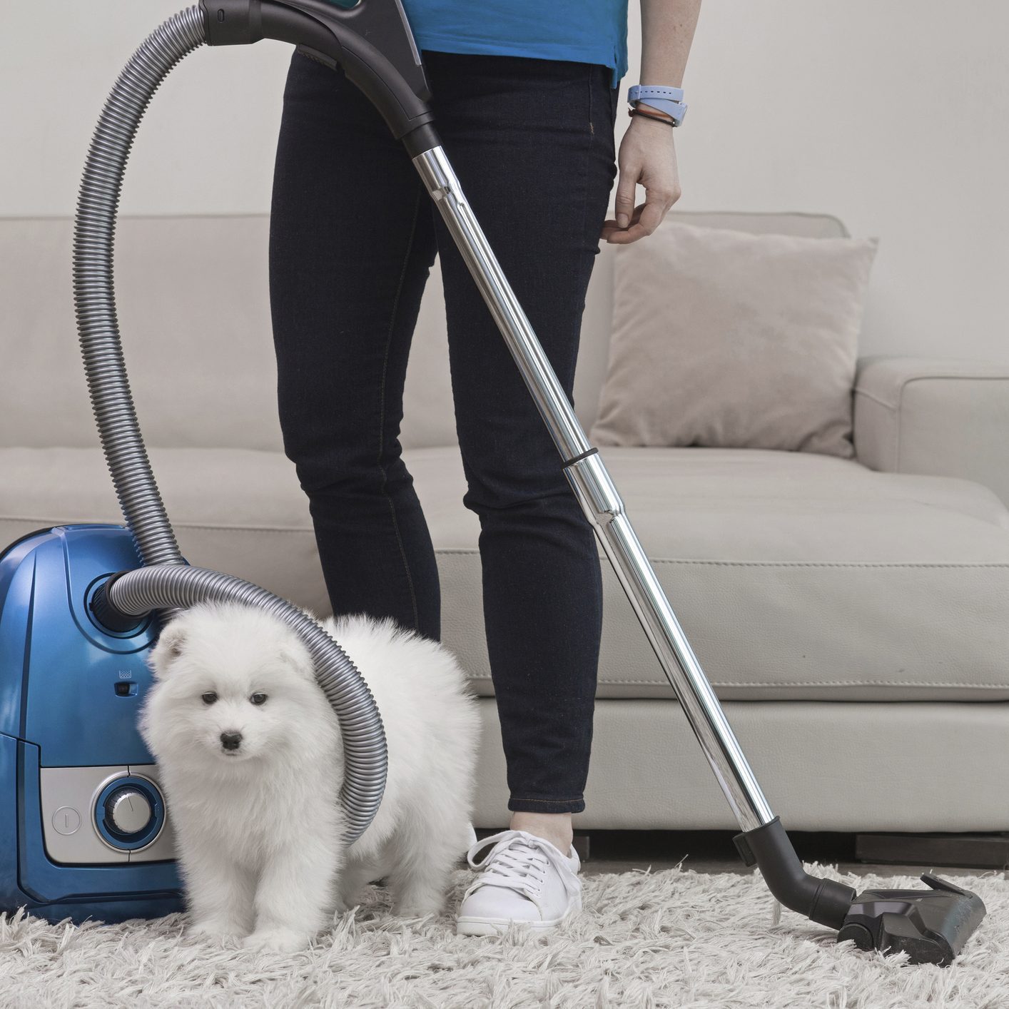 Woman holding vacuum standing with fluffy white dog