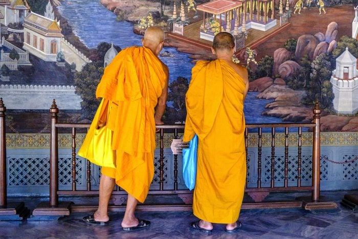 Two buddhist monks in yellow capes are watching a big...