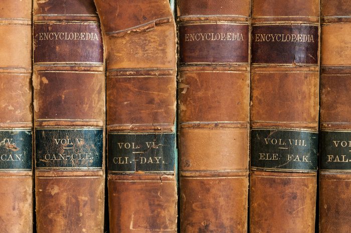 Close-up of leather-bound vintage encyclopaedias with gold lettering.