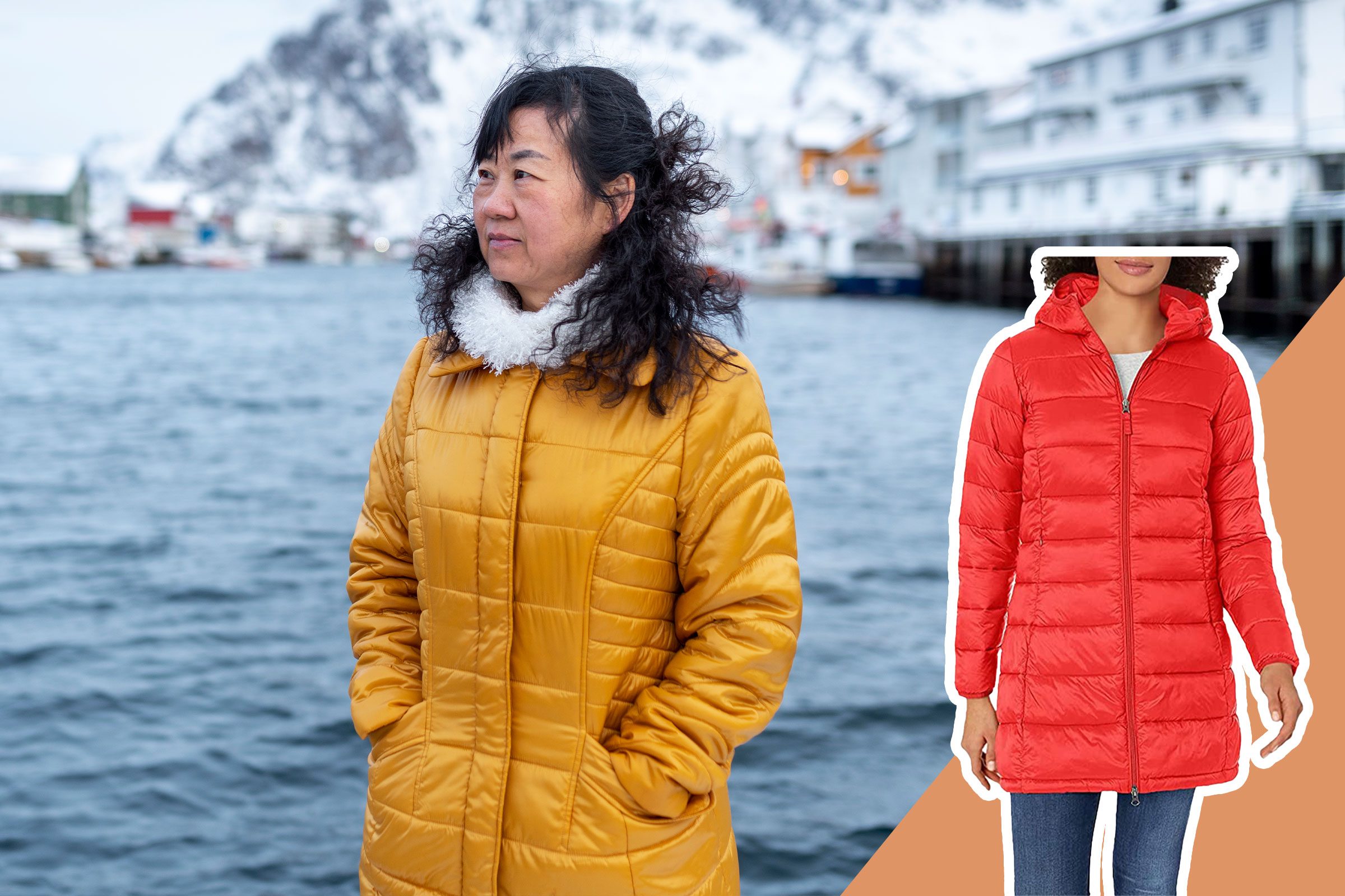 woman in a yellow puffy coat traveling standing outside in the winter near a body of water