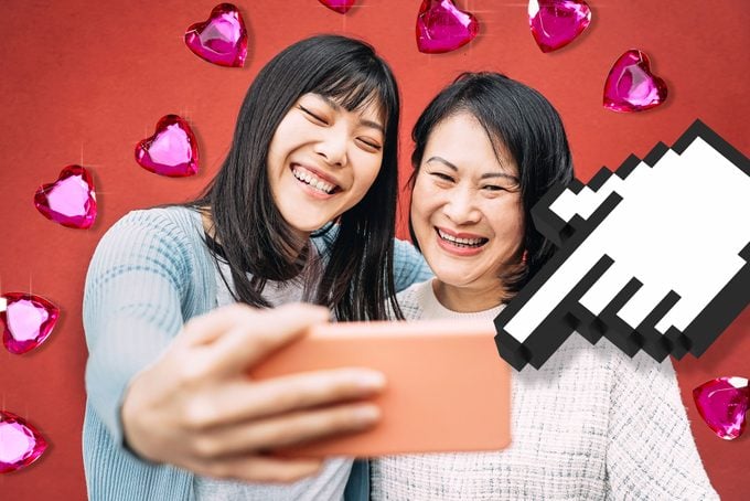 daughter and mother taking selfie with a smartphone; on the image are jeweled hearts and a giant cursor hand
