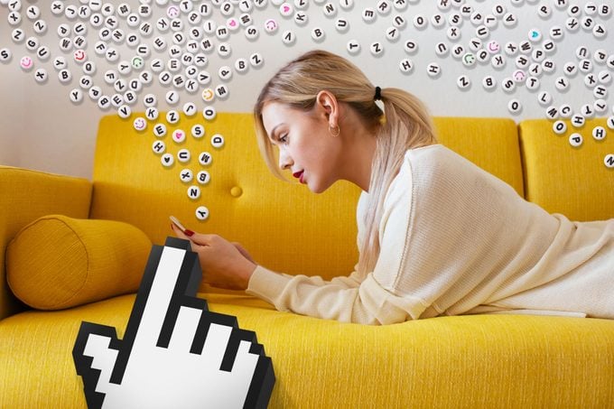 woman at home texting on smartphone; over the image is a cloud of letter beads and a giant cursor hand