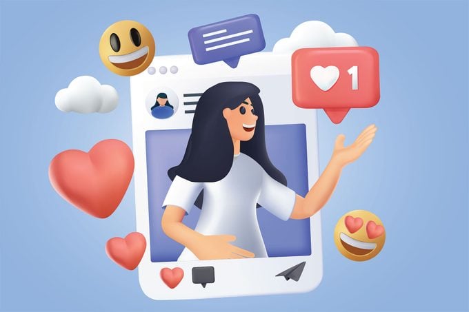 Influencer girl concept with facebook reactions comments and shares surround the social media post
