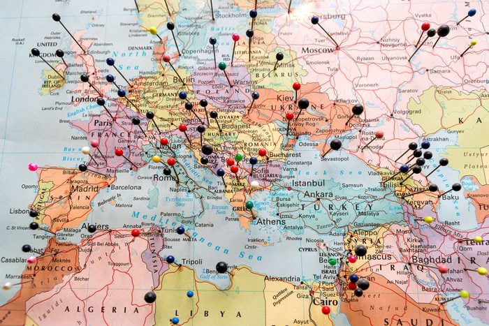 Europe And North Africa Map with assorted pins in the various countries