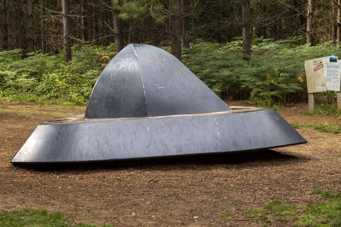 UFO spacecraft sculpture at supposed landing site, Rendlesham Forest, Suffolk, England, UK
