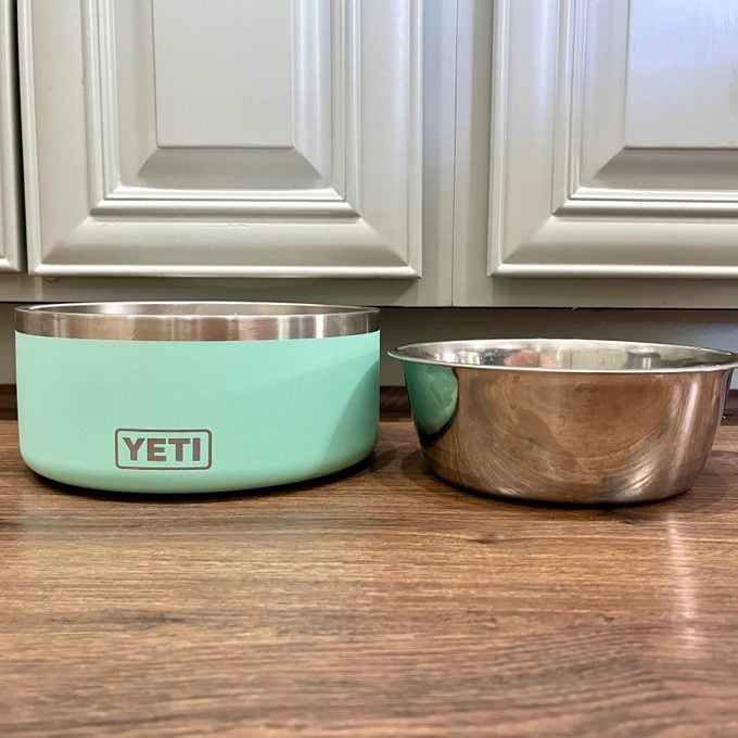 Yeti Boomer in kitchen next to a stainless steel bowl