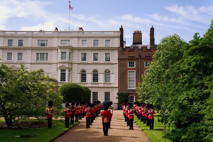 The Band of the Coldstream Guards play 'Three Lions' and 'Sweet Caroline' in the gardens of Clarence House ahead of England's Euro 2020 semi-final game against Denmark on July 6, 2021 in in London, England.